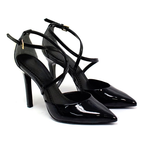 Pour La Victoire Shoes - POUR LA VICTOIRE PATENT LEATHER ANKLE STRAP HEELS BLACK 9 EUC